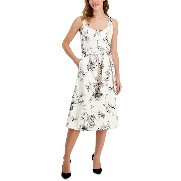 Anne Klein Dresses & Skirts - Anne Klein Women's Belted Floral-Print Topstitch Midi Dress, White, 16